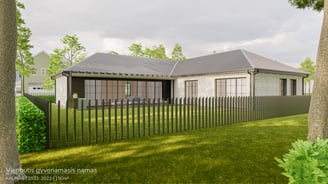 Klasikinio stiliaus vieno aukšto namas su antresole ir klinkerio fasadu