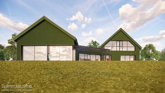 Dviejų tūrių modernus namas su šlaitiniais stogais ir termo medienos fasadais