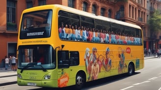 A tour bus promoting local attractions is driving along a street. The bus is mainly white, green, and orange with advertisements for local tours and a call to advertise on the vehicle. Inside, passengers can be seen seated, enjoying the ride. In the background, there are trees and a brick building with tall windows, giving a sense of an urban or historical area.