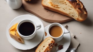 A buffet setup features a variety of breakfast items displayed under shiny metal food warmers. On the countertop, there are trays filled with sausages, bacon, and a bowl of golden potato wedges. Small labels identify each dish. In front, plates with spoons are neatly arranged beside a bowl of red sauce. The setting is elegant, with polished surfaces and ample natural light entering through large windows.