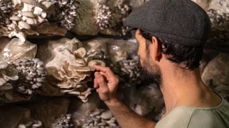 a man in a hat and a hat on a shelf