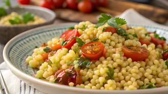 a bowl of fregola with tomatoes and parsley