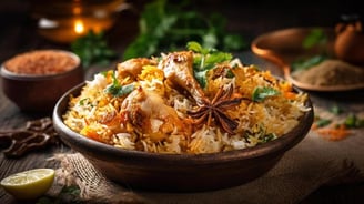 Hyderabad's famous chicken biryani - a colorful dish with saffron rice and tender chicken.