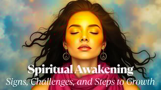 a woman with her eyes closed and her eyes closed, with the words spiritual awakening