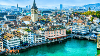 a cityscape of buildings and a clock tower
