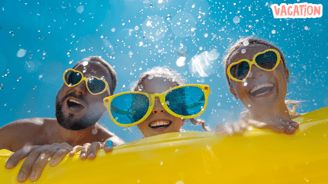 a man and woman in sunglasses are having fun in the sun