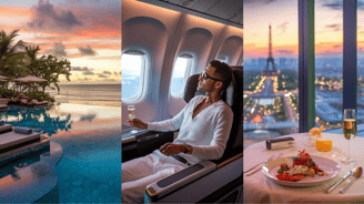 a collage of a man drinking wine in a plane, a top view of Eiffel Tower and a pool