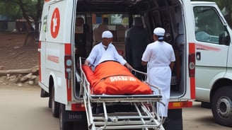 Several emergency responders attend to a person lying on the ground. One responder kneels beside the individual, holding medical equipment, while another is positioned nearby with a red medical bag. The scene suggests a medical emergency, with responders wearing uniforms and equipment indicating a professional, urgent atmosphere.