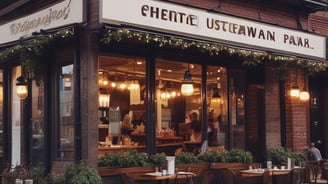 A street-side restaurant with several people seated at dark outdoor tables. The building has a sign written in both English and Chinese characters, with a prominent logo. Customers are casually dining and chatting, creating a lively atmosphere. The restaurant suggests an Asian culinary theme.