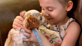 a young girl is holding a dog nose to nose