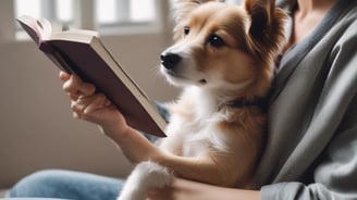 A small, fluffy dog with a brown coat sits comfortably inside a wooden crate. The background is slightly blurred, emphasizing the focus on the dog and its cozy setting.