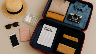 uma mala com um porta-passaporte e um chapéu