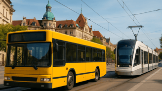 um ônibus amarelo e um ônibus branco em uma rua da cidade