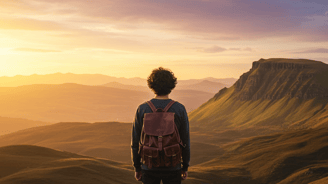 uma pessoa em pé no topo de uma montanha com uma mochila