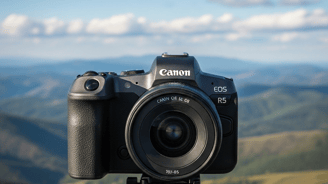 uma câmera fotográfica com uma paisagem de fundo