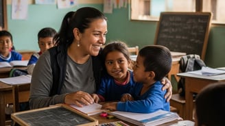 uma voluntária na sala de aula com duas crianças