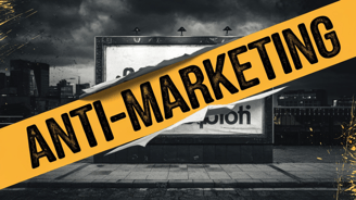 A billboard in an urban setting with 'ANTI-MARKETING' on a bold yellow banner over a torn paper design.