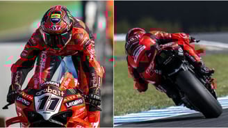 two pictures of a person riding a motorcycle