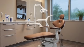 A clean and modern dental office with a dental chair, stools, and various dental equipment in shades of white and teal. The room features a framed artwork, some potted plants, and a bench along one wall. The environment is well-lit with overhead lighting, and there are multiple cabinets and drawers for storage.