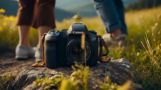 a couple standing on a rock with a camera