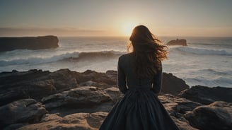 a woman in a long dress standing on a rocky beach