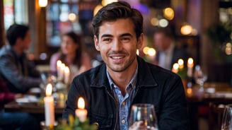 a man sitting at a table with candles