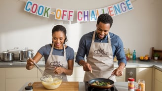 a man and woman cooking together in a kitchen