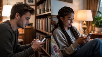 a man and woman sitting on a couch in a library