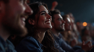a woman is watching a movie in a movie theater