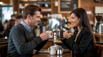 a man and woman sitting at a table with coffee