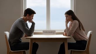 a man and woman sitting at a table with a laptop