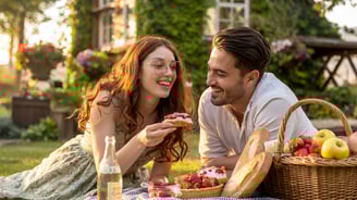 a man and woman are enjoying a picnic in the sun