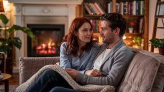 a man and woman sitting on a couch in a living room