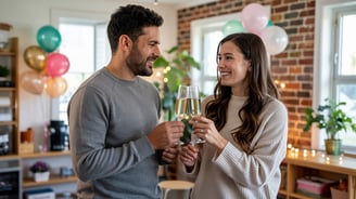 a man and woman holding champagne flutes in a living room