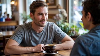a man sitting at a table with a cup of coffee
