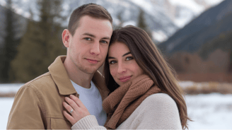 a man and woman standing in the snow