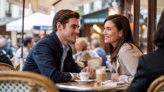 a man and woman sitting at a table