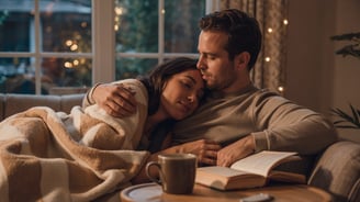 a man and woman are laying on a couch