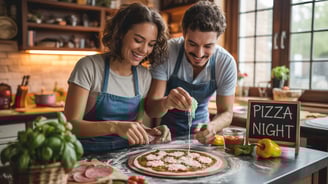 a man and woman are cooking pizzas in a kitchen