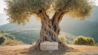 a tree with a stone plaque on it