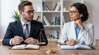 a man and woman sitting at a desk with a scale