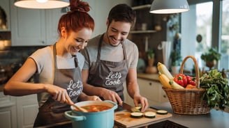 a man and woman in aprons cooking together