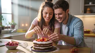 a man and woman are cutting into a cake