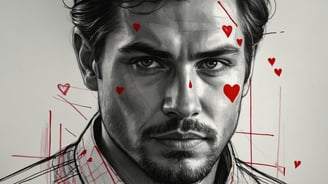a sketch of man with a beard and hearts on his face