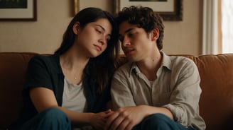 a man and woman sitting on a couch
