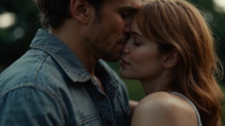 a man and woman kissing in a field