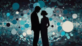 a couple standing in front of a blue and white background