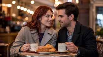 a man and woman sitting at a table with coffee cups