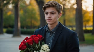 a man in a suit and tie is holding a bouquet of roses