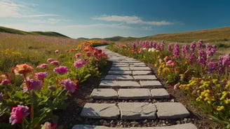 a stone path leading to a field with flowers